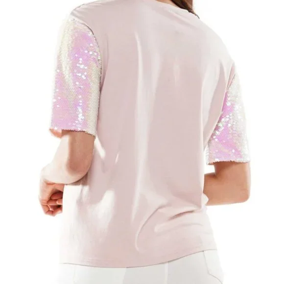 Why Dress Sequin Sleeve Screen Printed T-Shirt Pink- Small - Picture 11 of 15